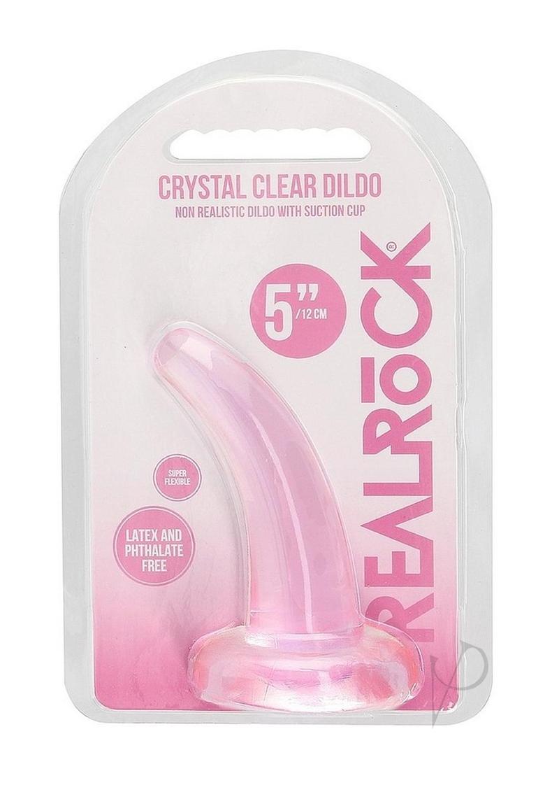RealRock Crystal Clear 4.7 Inch Suction Cup Dildo Pink in packaging for solo or partnered play.