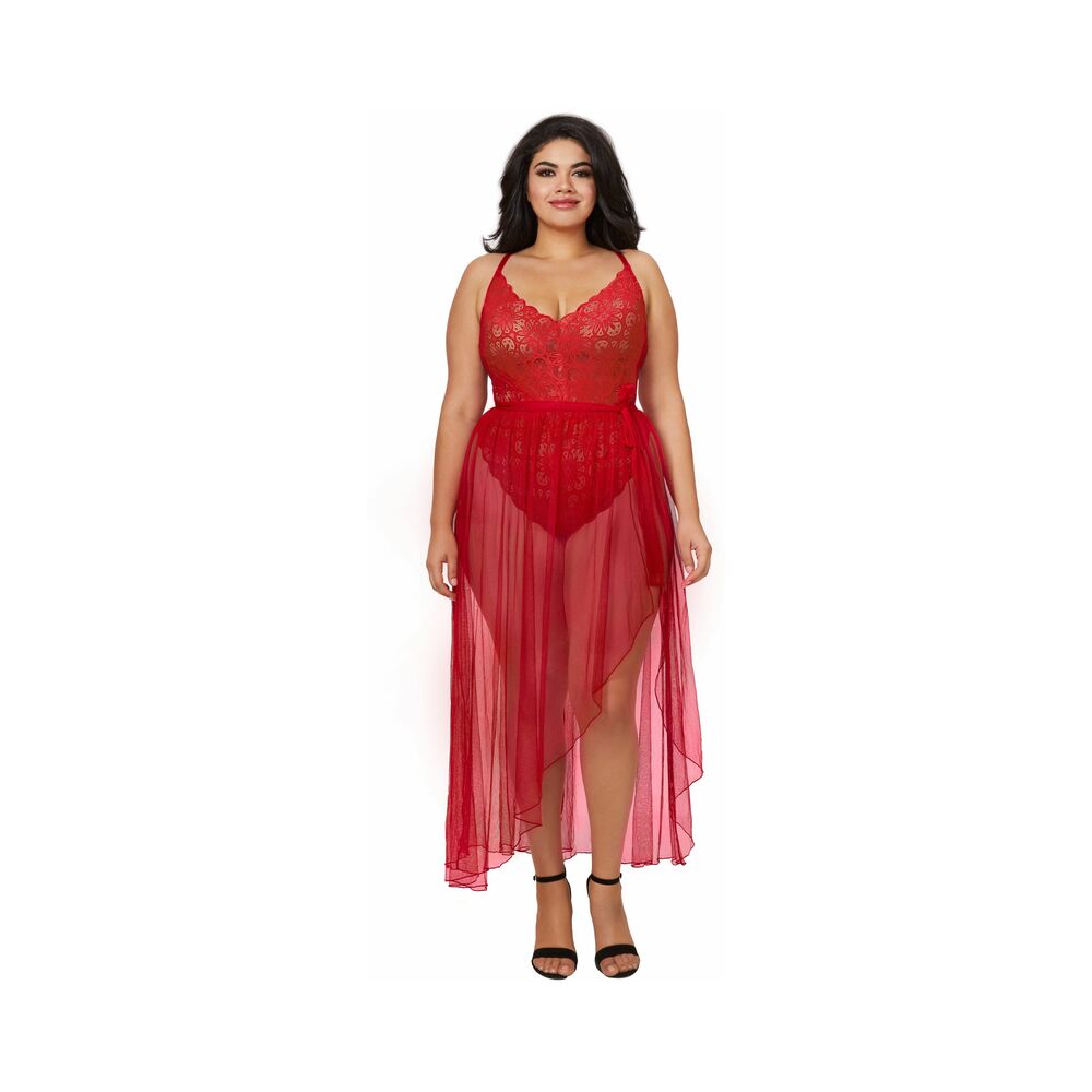 Dreamgirl Dreamgirl Teddy & Sheer Mesh Maxi Skirt With G-String Rouge Queen 3X