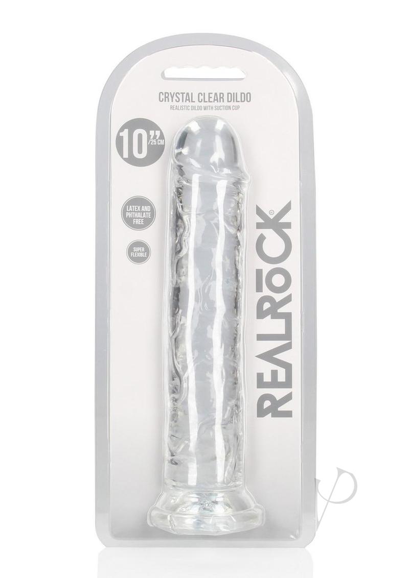 RealRock Crystal Clear Straight No Balls Dildo 10 Inch Clear packaged with a smooth, transparent design.