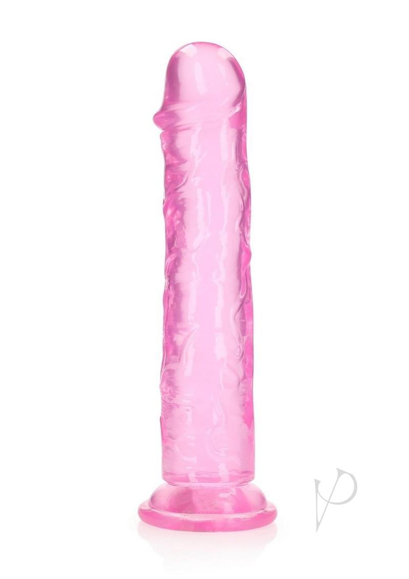 RealRock Crystal Clear Straight No Balls Dildo 11 inch Pink with smooth translucent design and sturdy suction base.