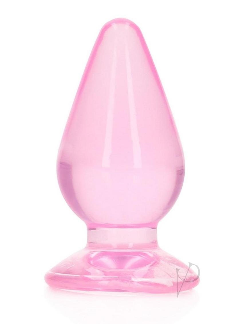 RealRock Crystal Clear Anal Plug 4.5 Inch Pink displayed on a white background, showcasing its smooth, see-through design.