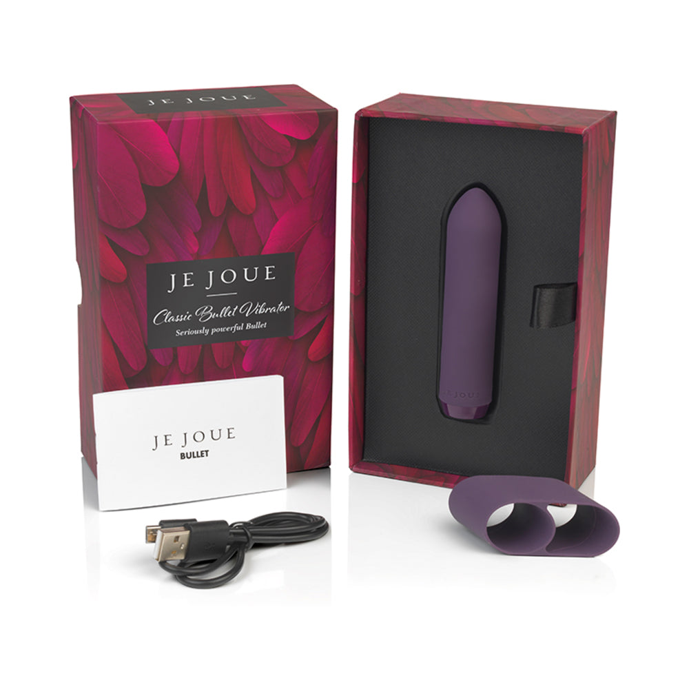 Je Joue Classic Bullet Purple vibrator in elegant packaging with accessories and USB charger.