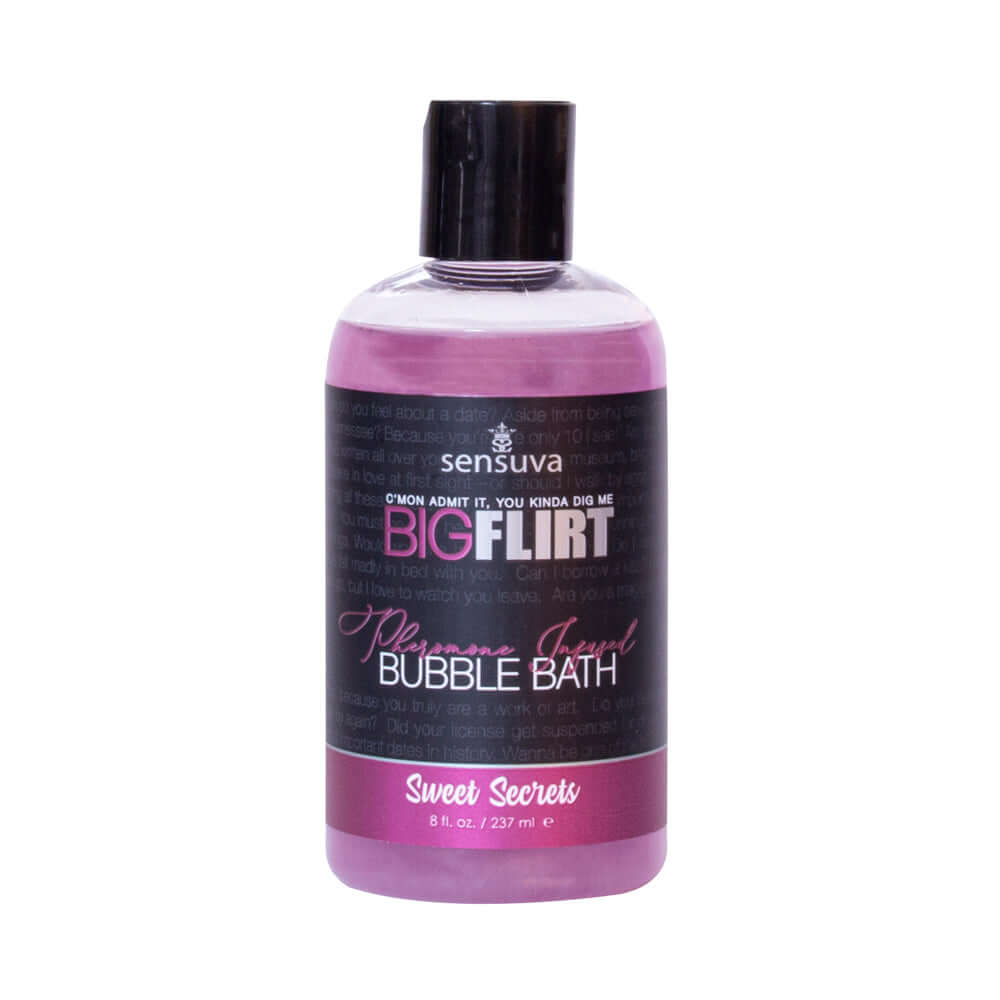 Sensuva Big Flirt Pheromone Bubble Bath Sweet Secrets 8 Oz bottle for a luxurious and romantic bathing experience.
