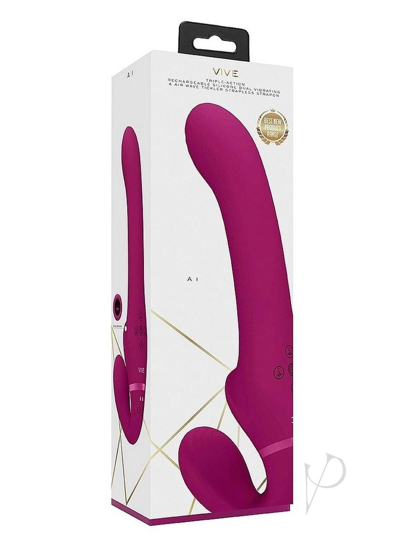 Vive AI Silicone Dual Motor Strapless Strap-On Pink packaging side view showcasing its sleek design.