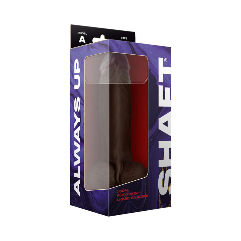 Shaft Model A 9.5 inch Dual Density Silicone Dildo Mahogany in packaging, showcasing product design and premium material.