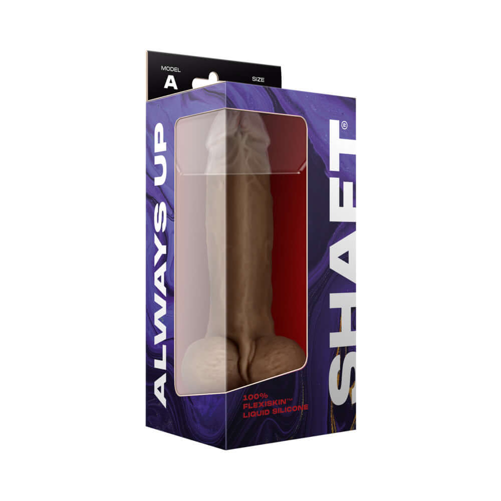 Shaft Model A 9.5 inch Dual Density Silicone Dildo with Balls Oak in packaging showing realistic design and color.