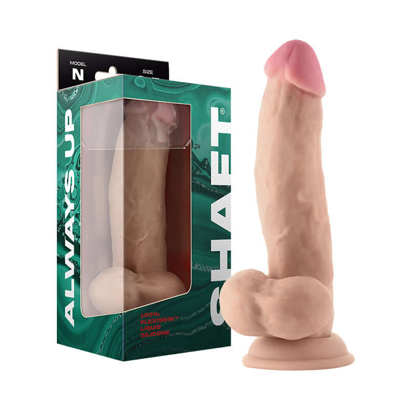 Shaft Model N 8.5 inches Dual Density Silicone Dildo with Balls Pine in packaging on a display.