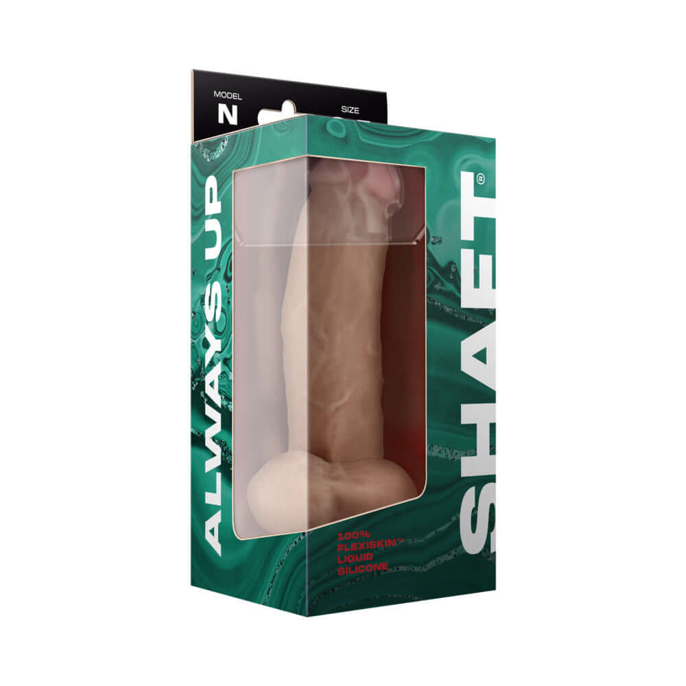 Shaft Model N 8.5 inches Dual Density Silicone Dildo with Balls Pine packaging with vibrant design.