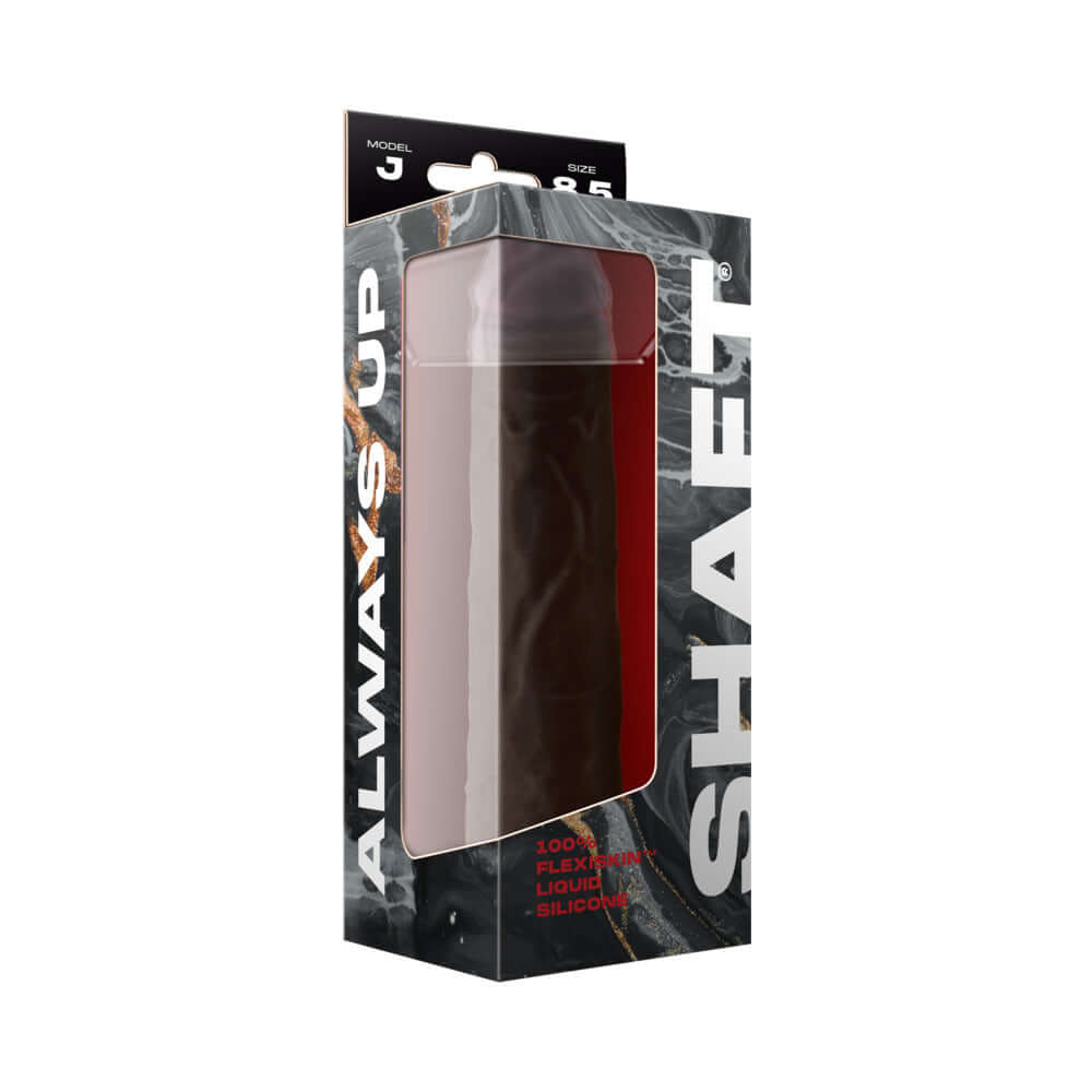 Shaft Model J 8.5 inch Dual Density Silicone Dildo Mahogany packaging design with modern graphics.