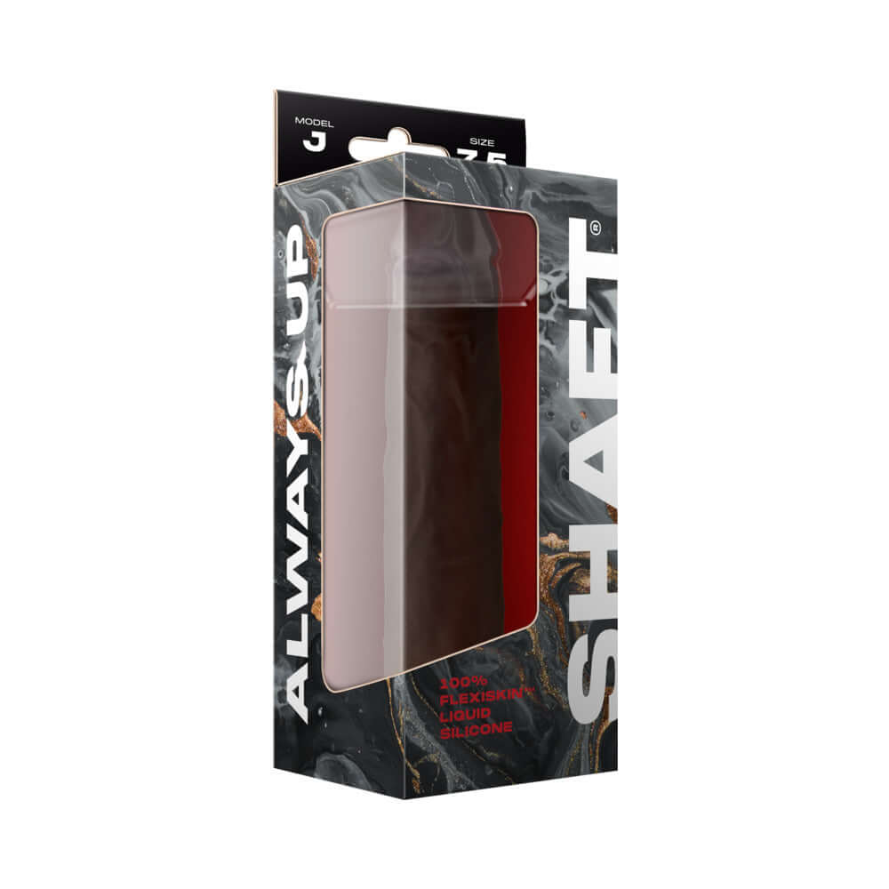 Shaft Model J 7.5 inch Dual Density Silicone Dildo Mahogany packaging on display.