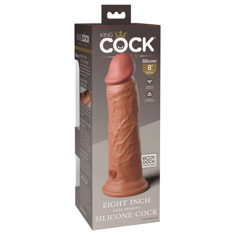 King Cock Elite 8 inch Dual Density Silicone Realistic Dildo packaging displayed on a white background.