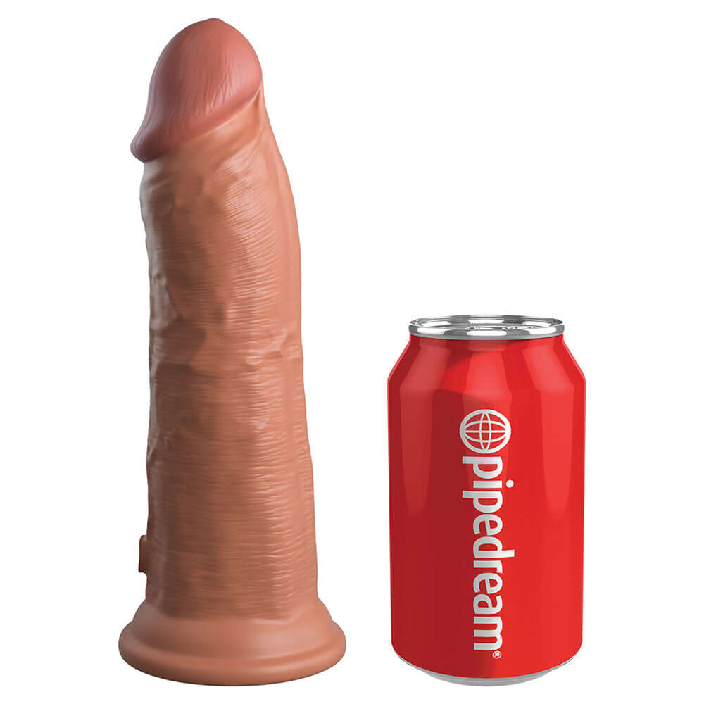 King Cock Elite 8 inch Dual Density Silicone Realistic Dildo next to a soda can for size comparison.