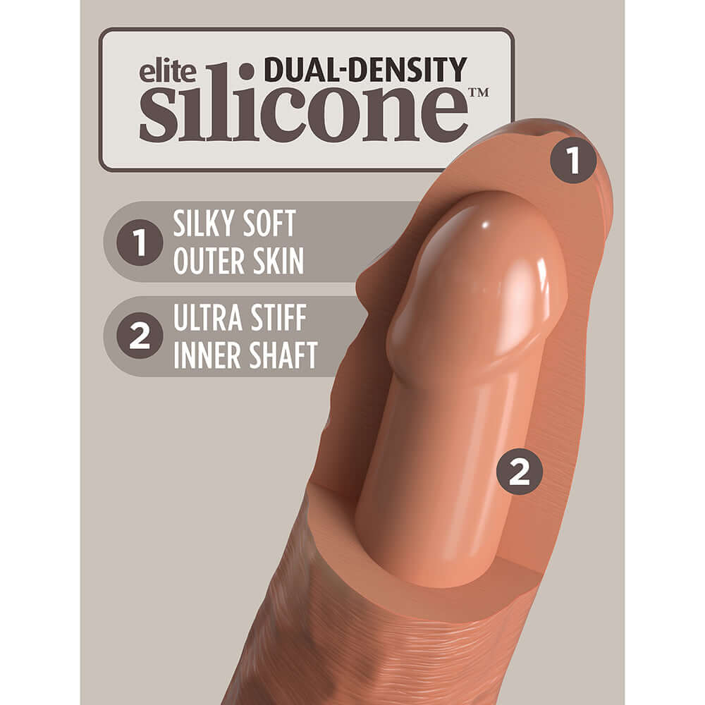 King Cock Elite 8 inch Dual Density Silicone Realistic Dildo features dual-density silicone with silky soft outer skin and ultra stiff inner shaft.