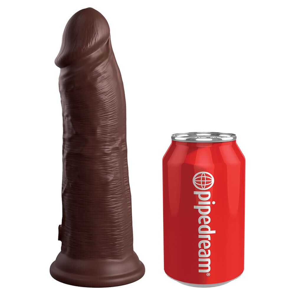 King Cock Elite 8 inches Dual Density Realistic Dildo Brown next to a soda can for size comparison.