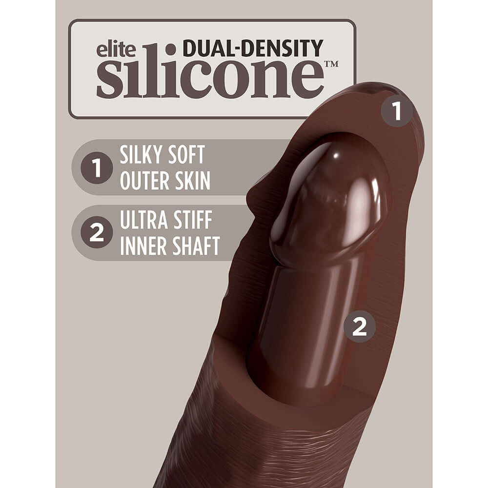 Illustration highlighting features of King Cock Elite 8 inches Dual Density Realistic Dildo Brown with silicone details.
