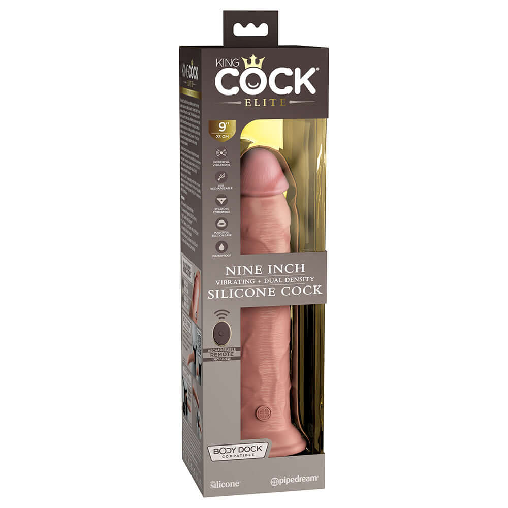 King Cock Elite 9 inches Vibrating Dual Density Realistic Dildo Beige packaging with product details and vibrant design.