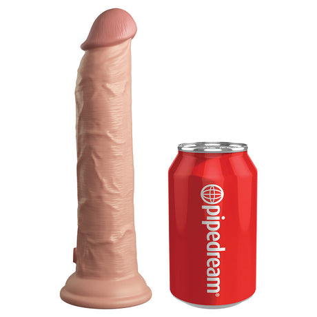 King Cock Elite 9 inches Vibrating Dual Density Realistic Dildo Beige next to a can for size comparison.