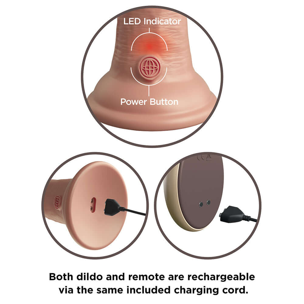 King Cock Elite 9 inches Vibrating Dual Density Realistic Dildo Beige features LED indicator and power button.