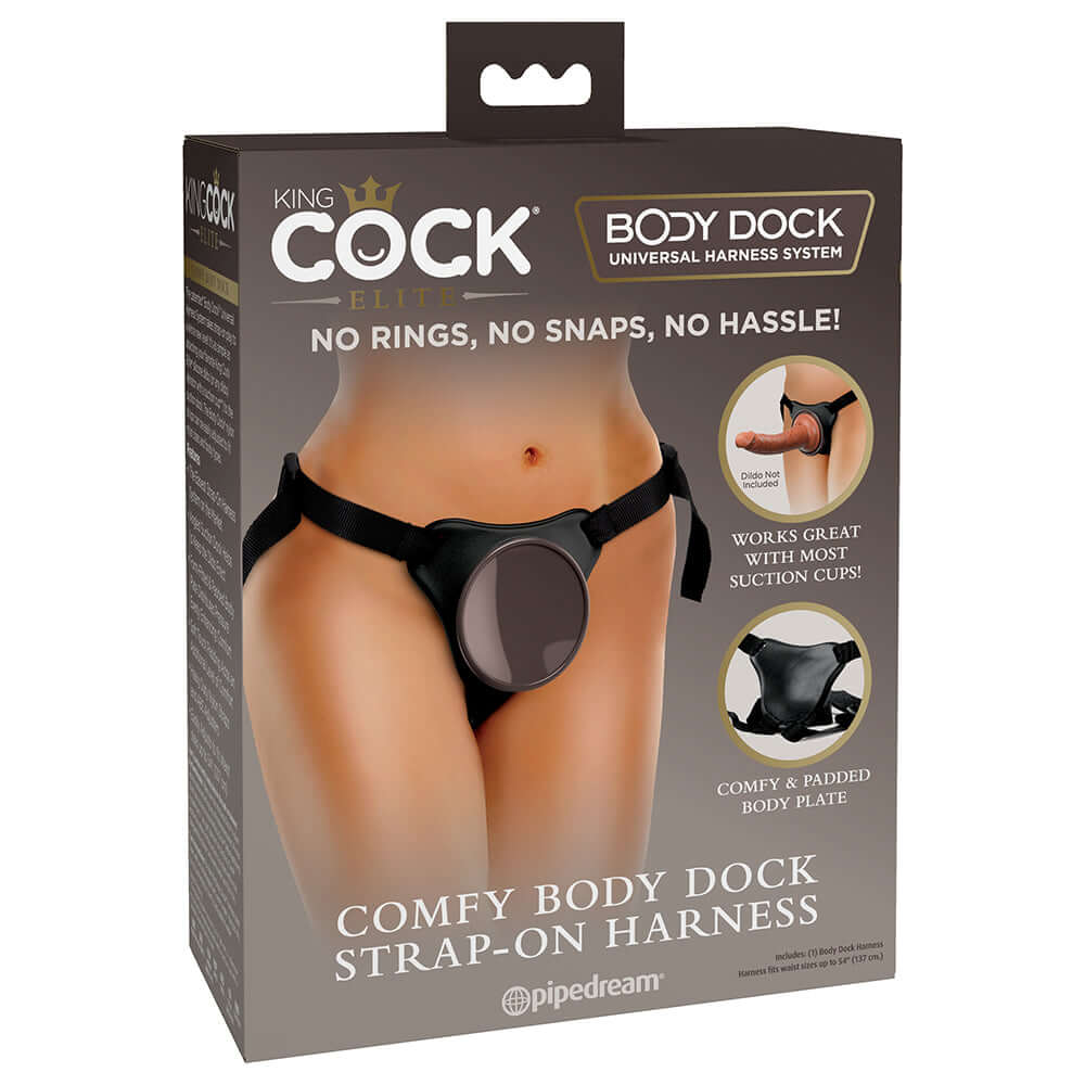 King Cock Elite Comfy Body Dock Strap-On Harness Black packaging showcasing its innovative design and features.