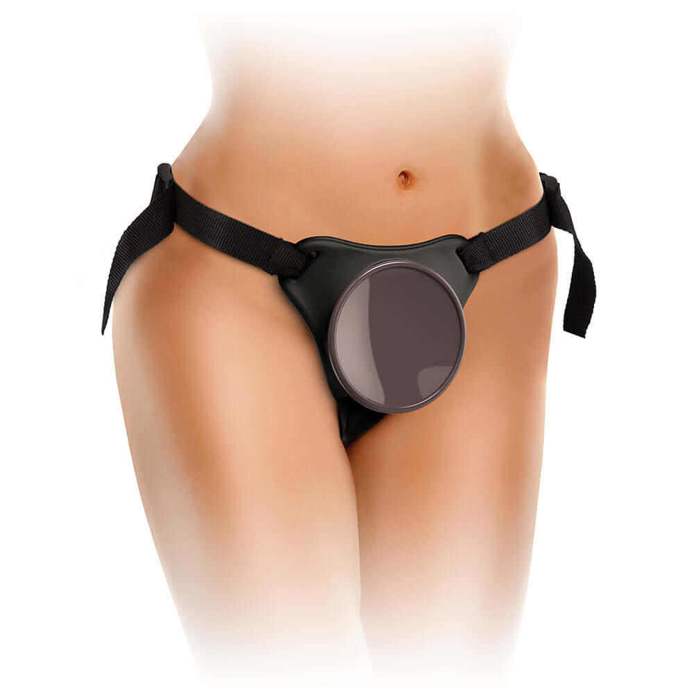 King Cock Elite Comfy Body Dock Strap-On Harness Black worn on a model, showcasing its unique suction dock design.