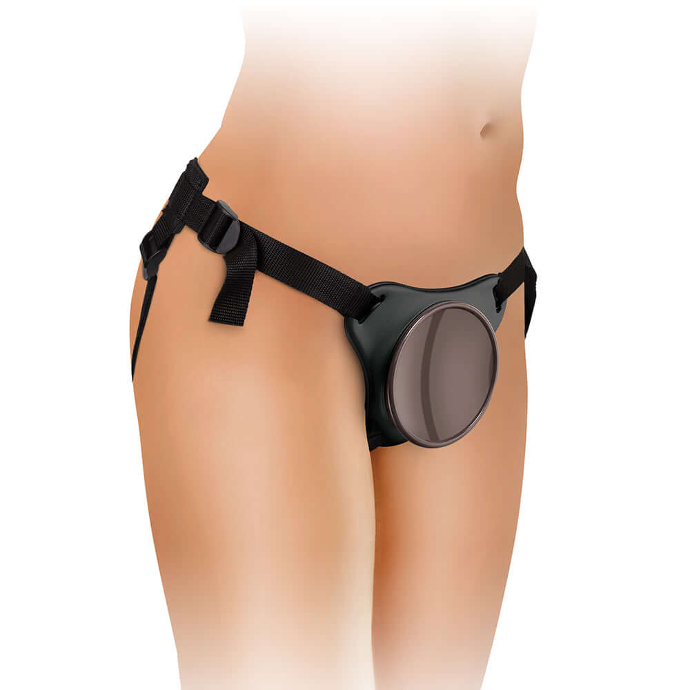 King Cock Elite Comfy Body Dock Strap-On Harness Black on model showcasing its sleek design.
