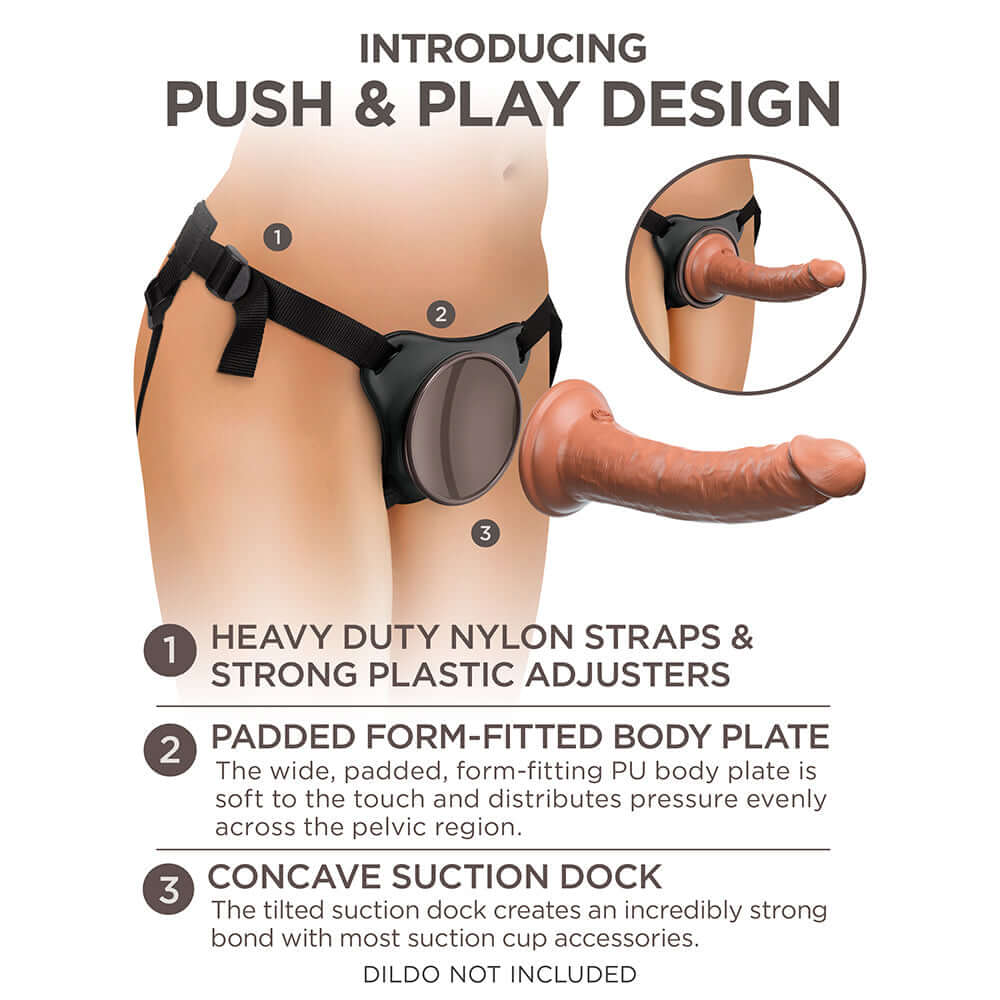 King Cock Elite Comfy Body Dock Strap-On Harness Black showcasing push-and-play design with heavy-duty straps and concave suction dock.