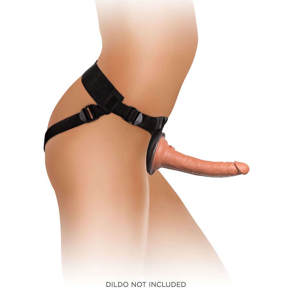 King Cock Elite Comfy Body Dock Strap-On Harness Black with a dildo docked for strap-on play.