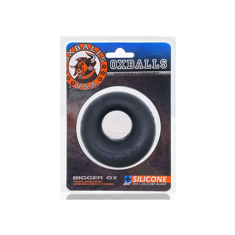 OxBalls Bigger Ox Thick Cockring Silicone TPR Black Ice in packaging, designed for comfort and support.