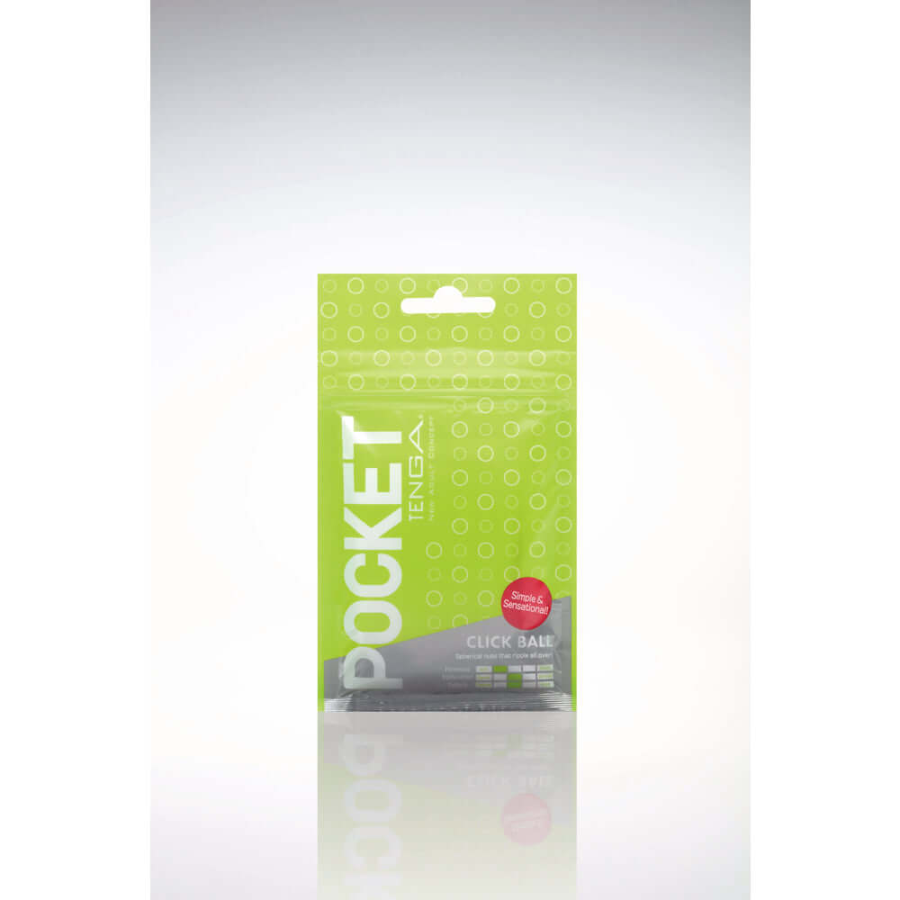 Tenga Pocket Masturbator Sleeve Click Ball packaging featuring a vibrant green design and clear labeling for easy identification.