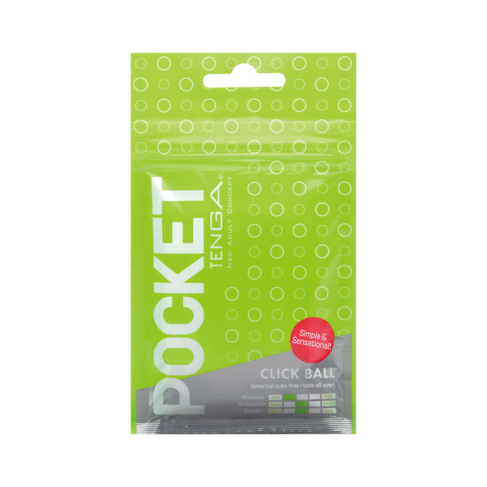 Tenga Pocket Masturbator Sleeve Click Ball packaging with bold graphics and a clear view of the product.