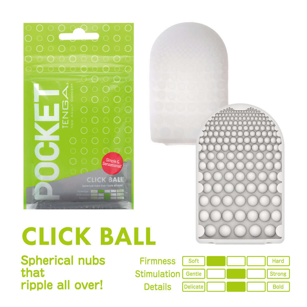 Tenga Pocket Masturbator Sleeve Click Ball product packaging and sleeve showing unique internal texture for enhanced sensation.