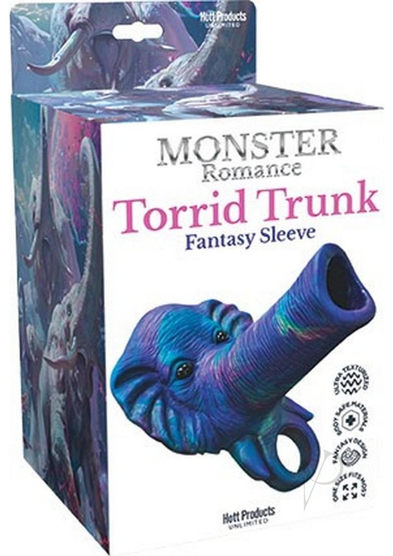 Monster Romance Torrid Trunk Penis Sleeve Purple Multicolor packaging featuring a vibrant elephant trunk design.