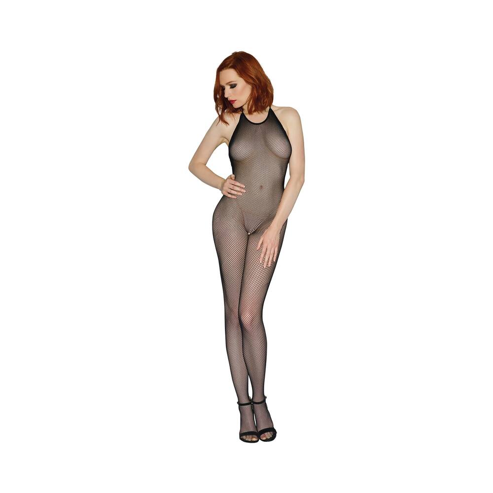 Dreamgirl Seamless Fishnet Bodystocking with Halter Neck, Open Crotch and Low Back Black OS