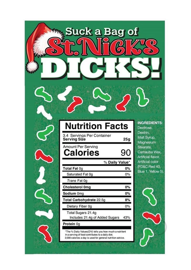 Nutrition facts for Suck a Bag of St Nicks Dicks Holiday Candy 3 oz, featuring festive phallic-shaped candies.