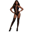 Dreamgirl Opaque Seamless Teddy with Shoulder Straps Black showcasing a model in a seductive black outfit.