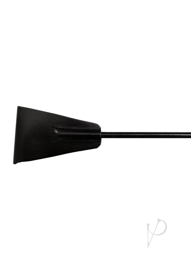 Fetish Play Riding Crop Vegan Leather Black side view of the flexible shaft and tapered tip for precise impact in BDSM play.