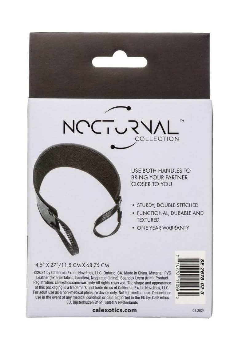 Nocturnal Collection Doggy Style Strap Black packaging showcasing features and usage instructions for positioning accessory.