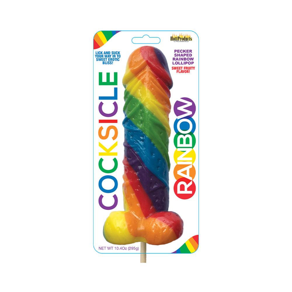 Rainbow Cocksicle Pecker Pop colorful pecker-shaped lollipop with a vibrant rainbow design.