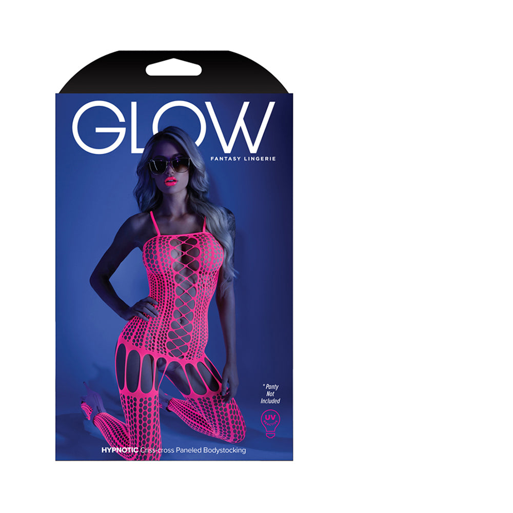 Fantasy Lingerie Glow Hypnotic Criss-Cross Paneled Bodystocking Neon Pink O/S
