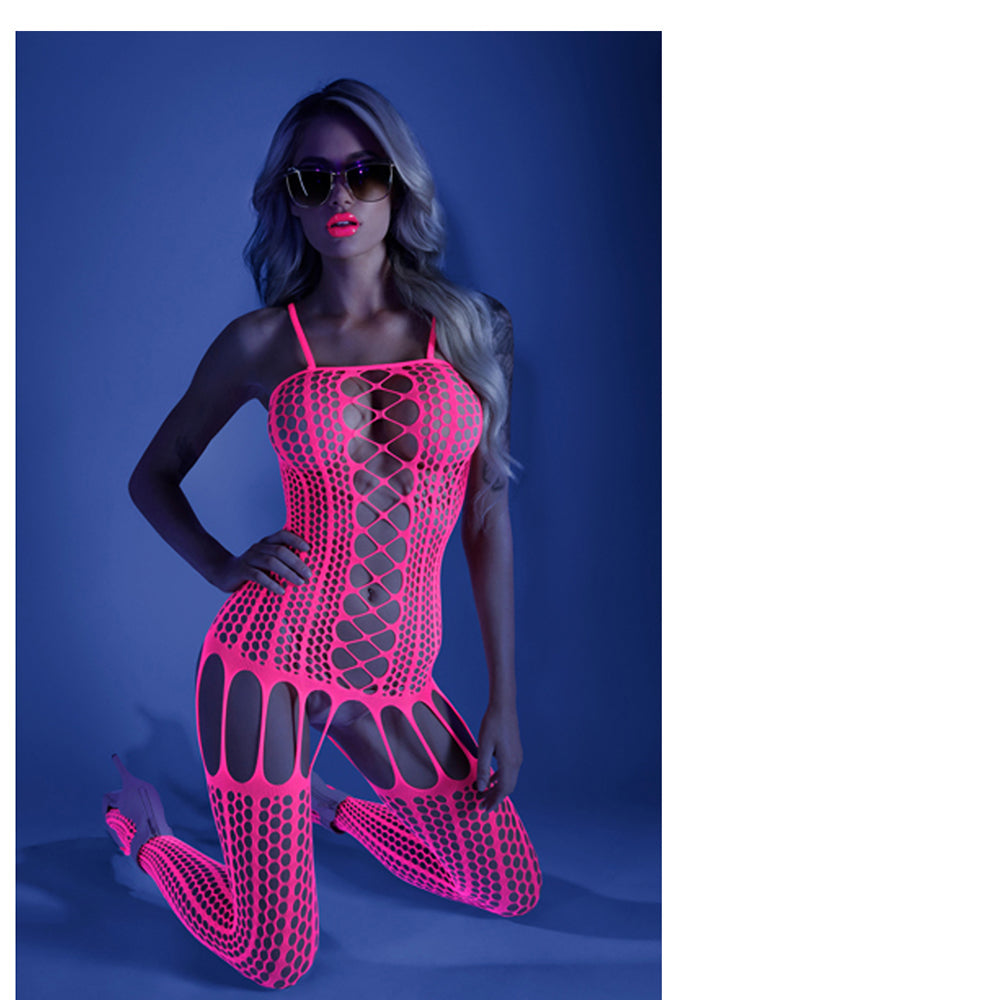 Fantasy Lingerie Glow Hypnotic Criss-Cross Paneled Bodystocking Neon Pink O/S