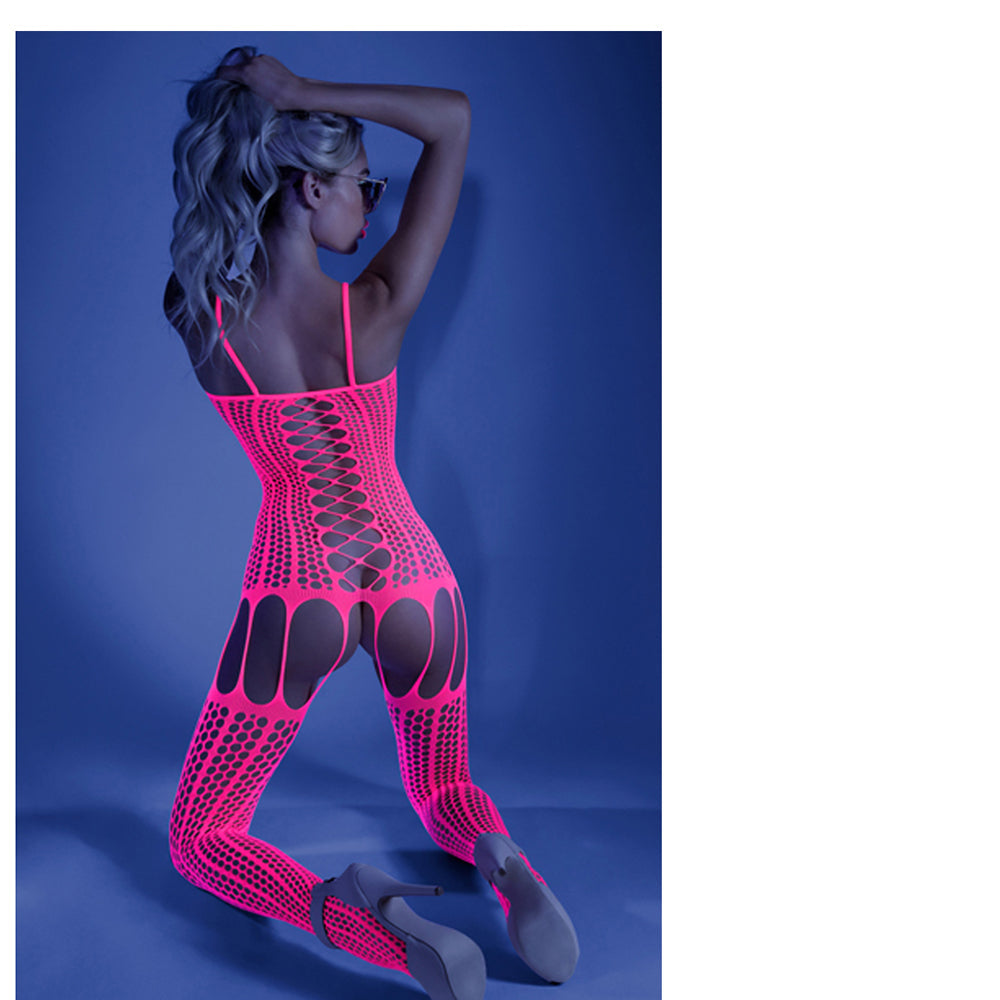 Fantasy Lingerie Glow Hypnotic Criss-Cross Paneled Bodystocking Neon Pink O/S