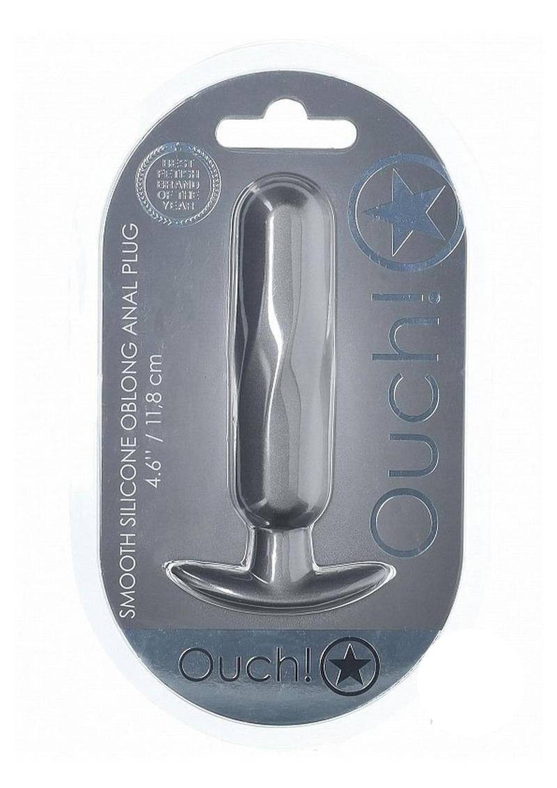 Ouch Oblong Anal Plug Silicone Gun Metal packaging showcasing a sleek, smooth design and metallic finish.