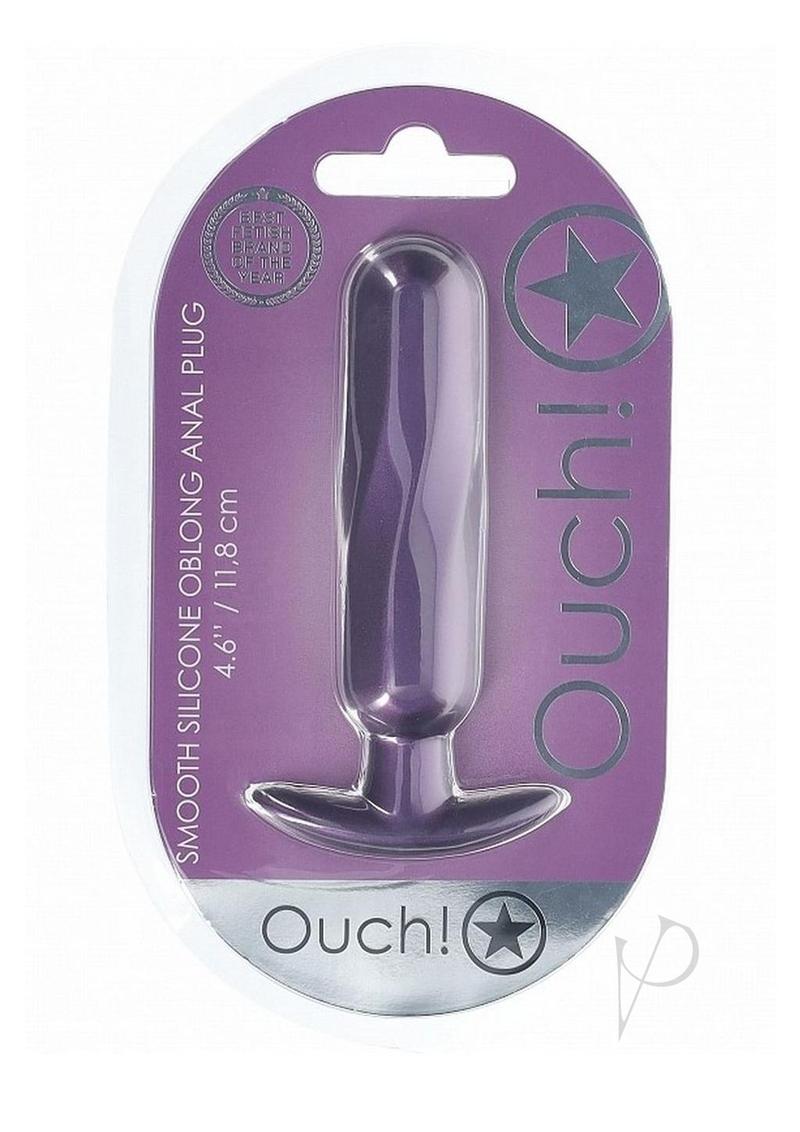 Ouch Oblong Anal Plug Silicone Metallic Purple packaging featuring a smooth and elegant design for intimate exploration.