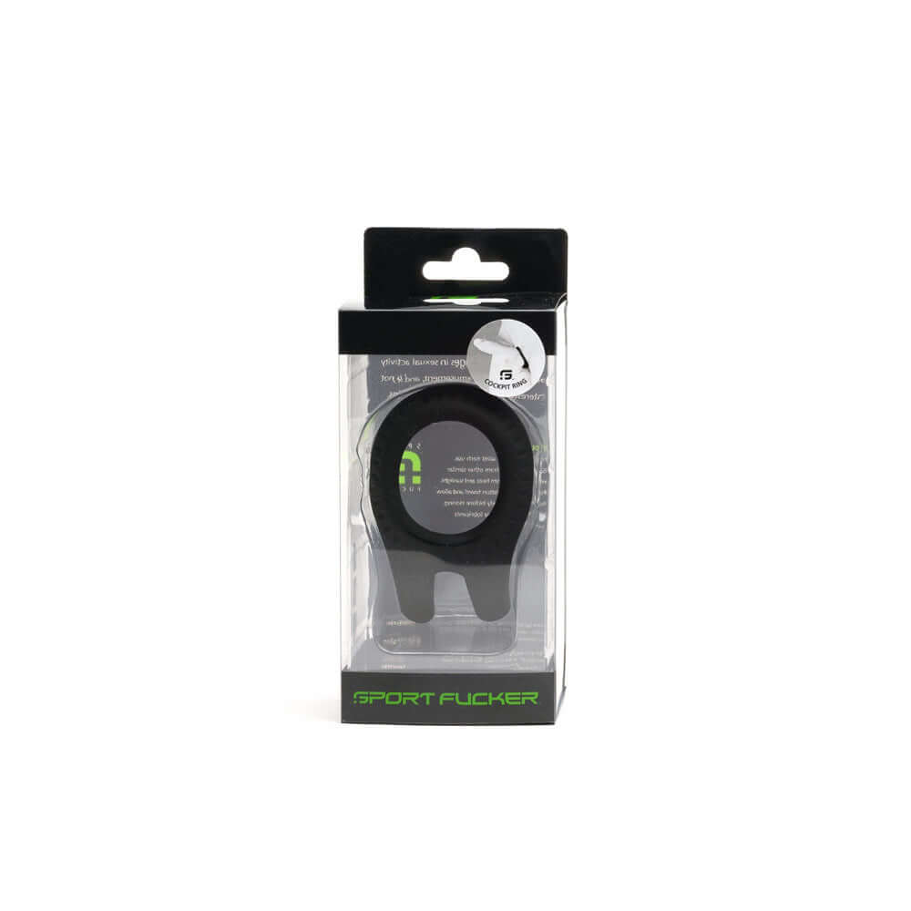 Sport Fucker Cockpit Ring Black packaging on display, highlighting its premium silicone design and ergonomic shape.