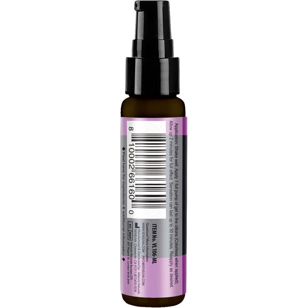 Sensuva On Ultra Arousal Gel 1 Oz bottle with label and pump top, showcasing essential oils and usage instructions.