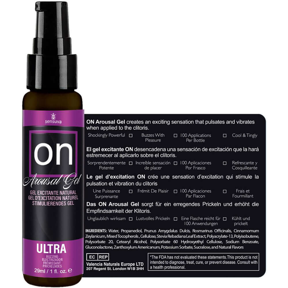 Sensuva On Ultra Arousal Gel 1 Oz bottle featuring a premium water-based formula for enhanced intimate sensations.