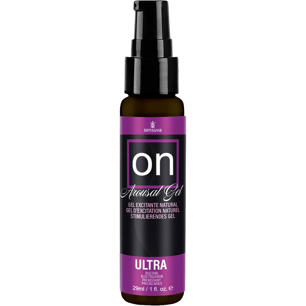 Sensuva On Ultra Arousal Gel 1 Oz in a bottle with a pump top for enhanced intimate sensations.
