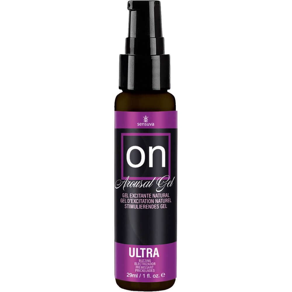 Sensuva On Ultra Arousal Gel 1 Oz in a bottle with a pump top for enhanced intimate sensations.