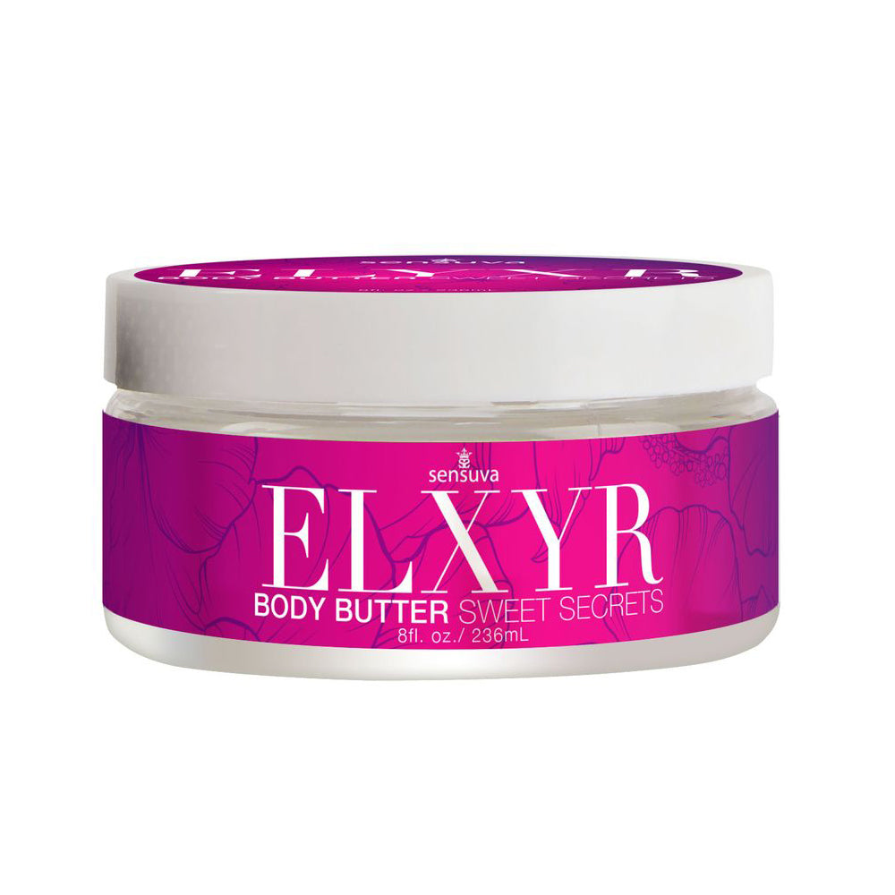 Sensuva Body Butter Sweet Secrets 8 Oz luxurious moisturizer in vibrant packaging for soft, nourished skin.