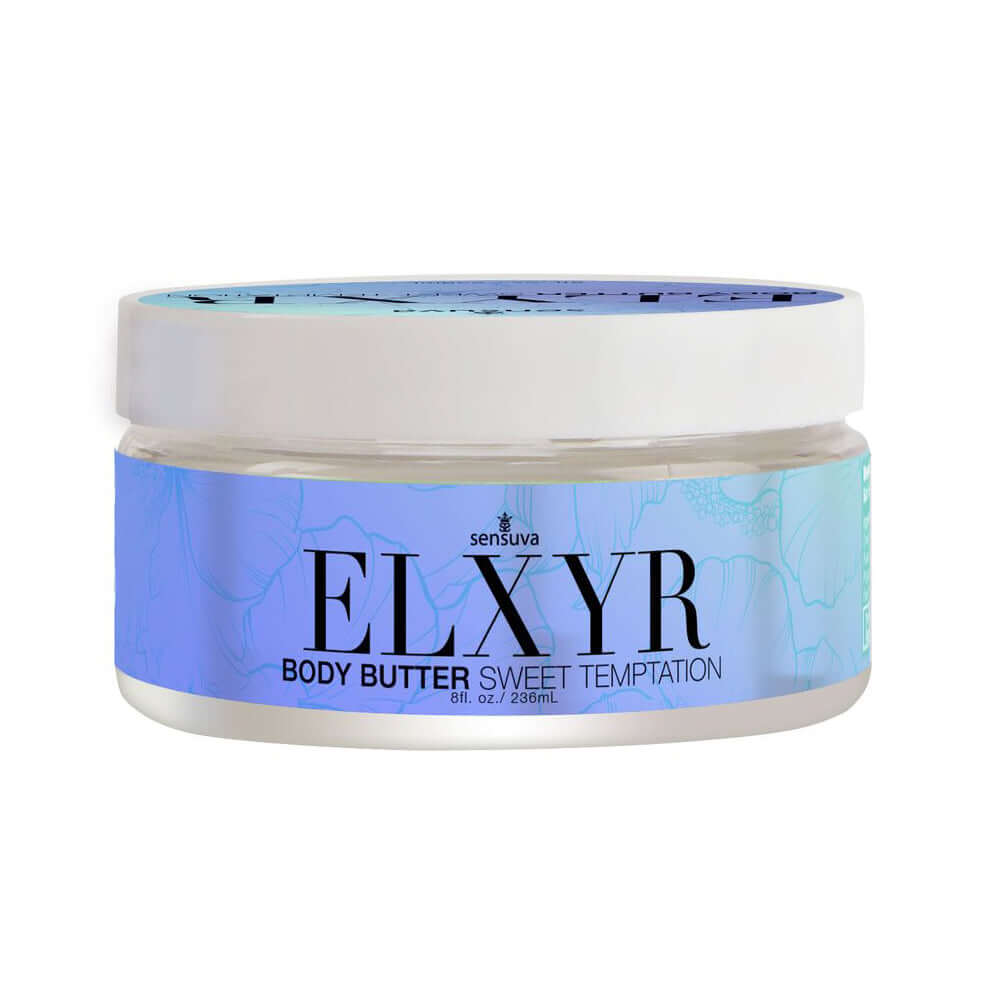 Sensuva Body Butter Sweet Temptations 8 Oz in a clear jar with a blue label and white lid, designed for luxurious skincare.